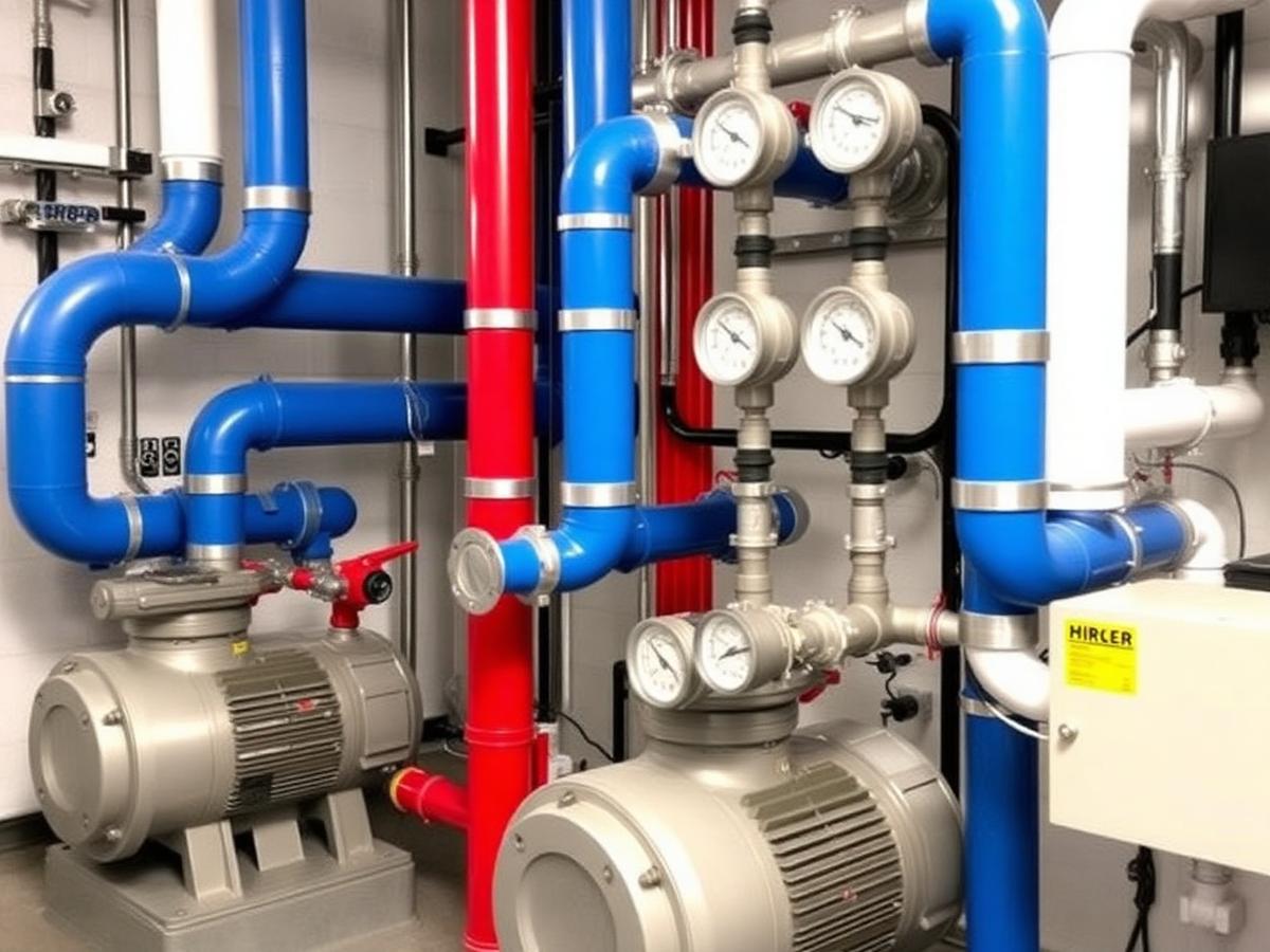 Bombas y cañerías de un sistema de agua fría y caliente